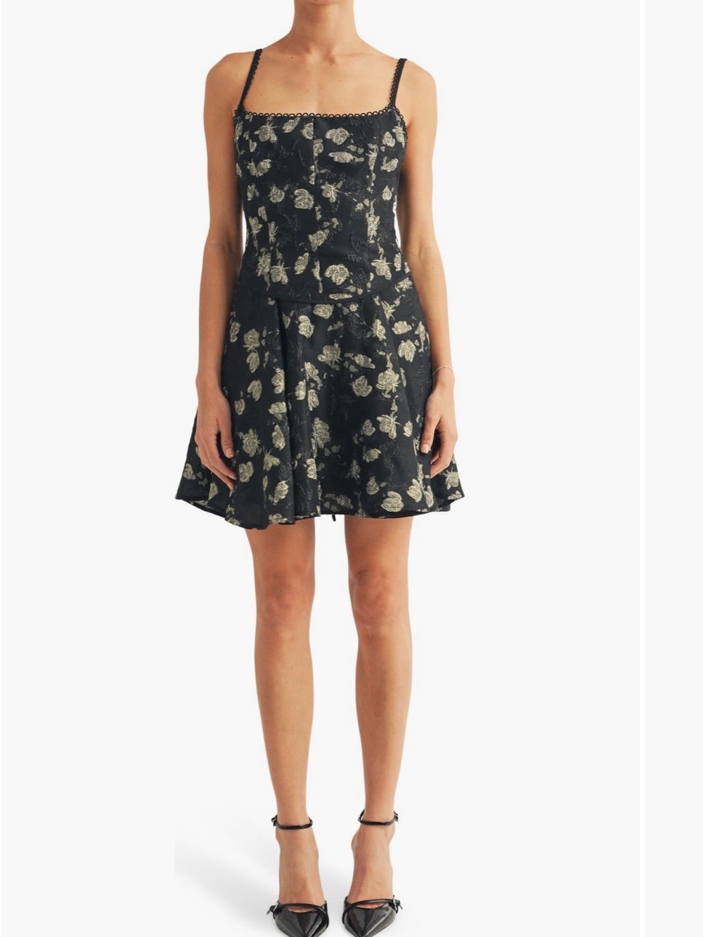 Floral Jacquard Mini Dress with Spaghetti Straps - Black/Gold